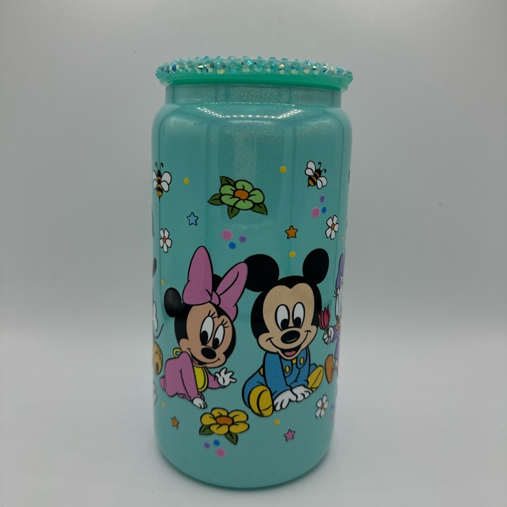 BABY MICKEY & FRIENDS 16oz shimmer LIBBEY glass cup w/ rhinestone lid and straw